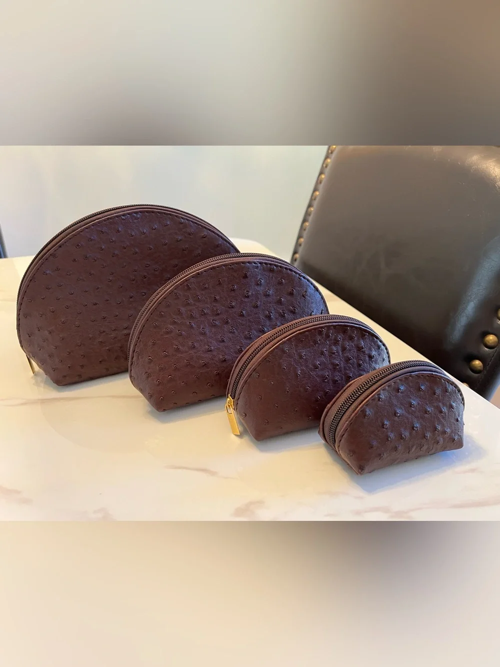 Classic Brown Textured Leather Cosmetic Pouch Set